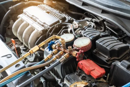 a car engine air conditioner being tested with a manifold gauge